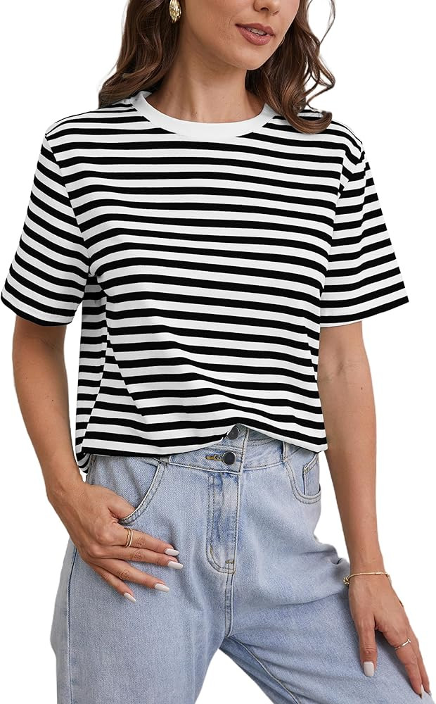 Women Striped Short Sleeve Tee Shirt Crewneck Color Block Casual Loose Fit Summer Vintage T-Shirt... | Amazon (US)