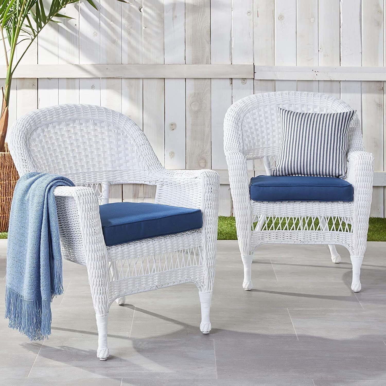 Jeco Stacking Wicker/Rattan Chair with Tufted Blue Cushion (Set of 2) | Walmart (US)
