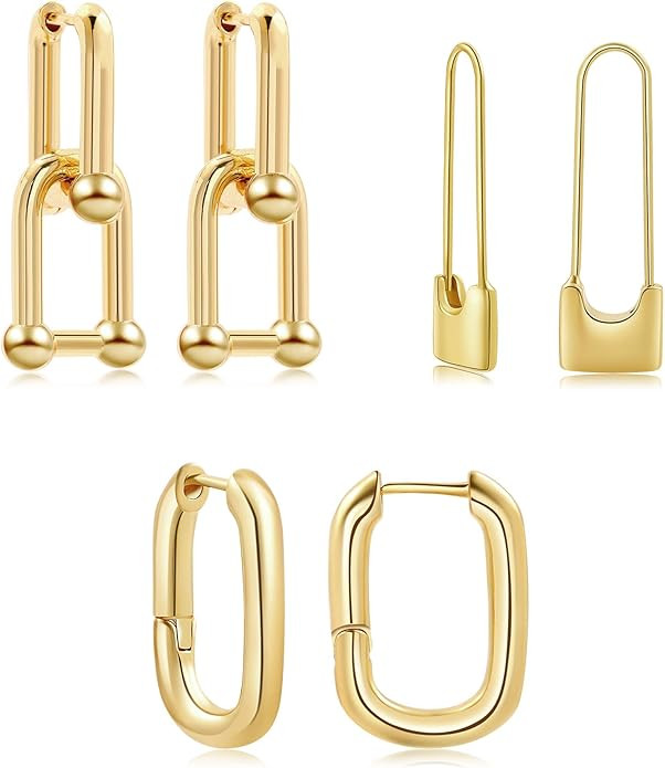 SLOONG 3 Pairs 14k Gold Plated Ball U Shape Pin Y2K Style Chunky Earring Link Chain Chunky Circle... | Amazon (US)