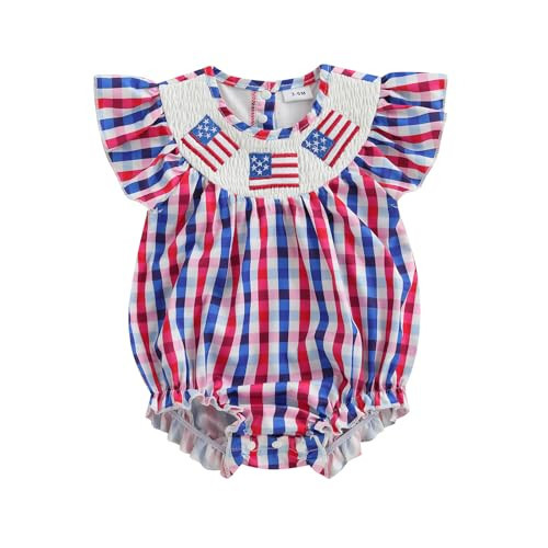 Bonangber Fourth of July Baby Girl Outfit Plaid Print American Flag Romper Smocked Bodysuit Cute Baby Girl 4th of July Outfit(G-Blue American Flag,12-18 Months) | Amazon (US)