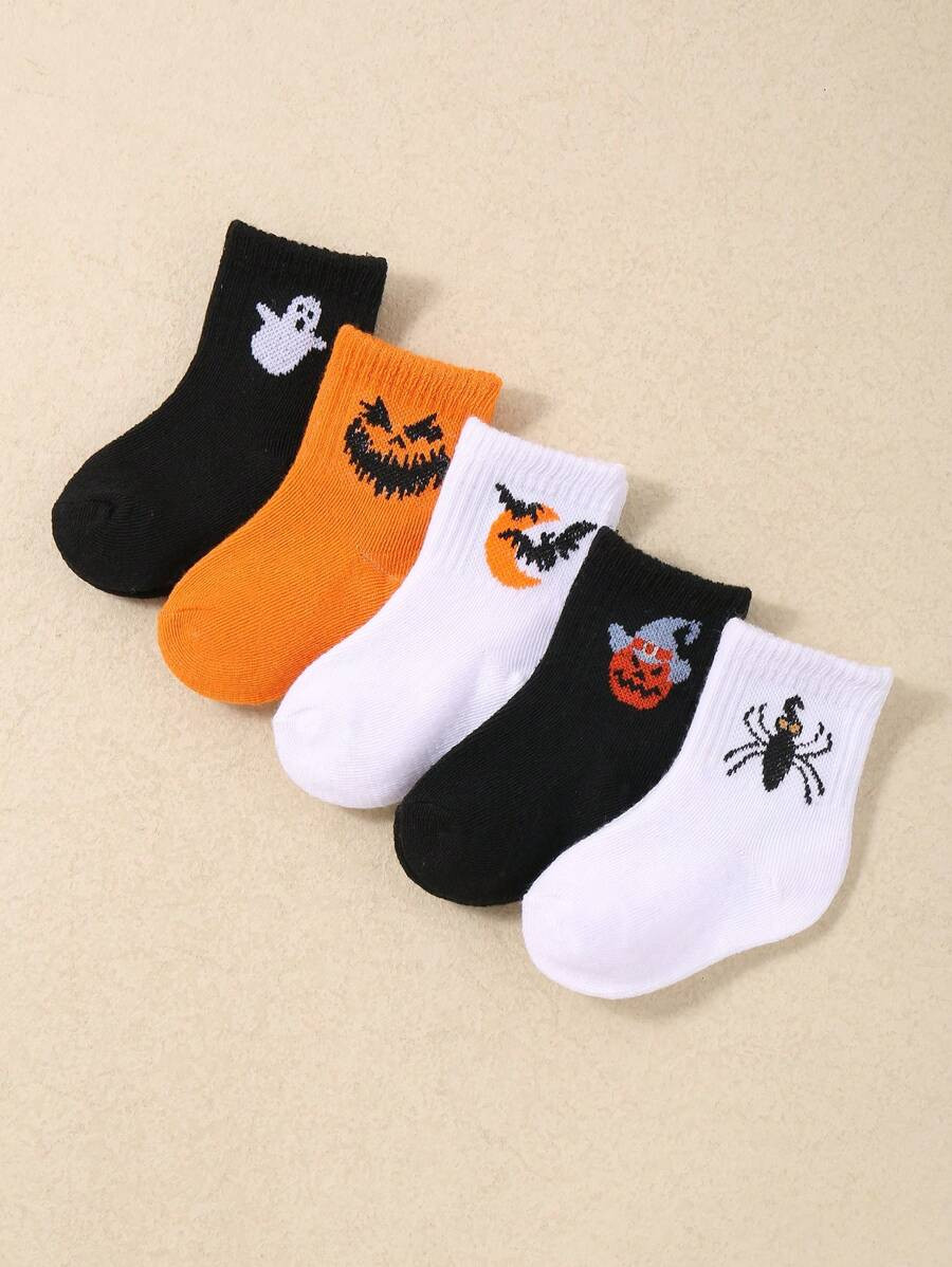 Baby/Kids 5 Pairs Halloween Pumpkin/Ghost/Bat PatternOrange Casual Elastic Mid-Calf Socks | SHEIN