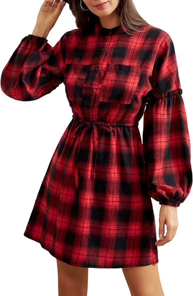 GRACE KARIN Women's Lantern Long Sleeve Grid Midi Swing Dress Casual Empire Waist Plaid Knee Leng... | Amazon (US)