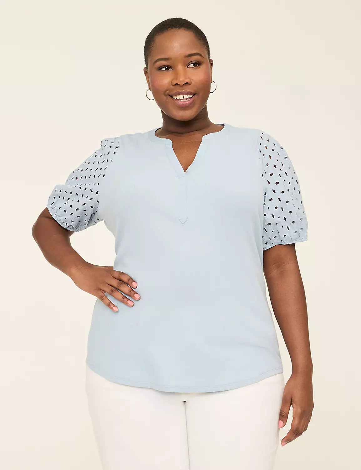 Eyelet-Sleeve Notch-Neck Rib Top | Lane Bryant (US)