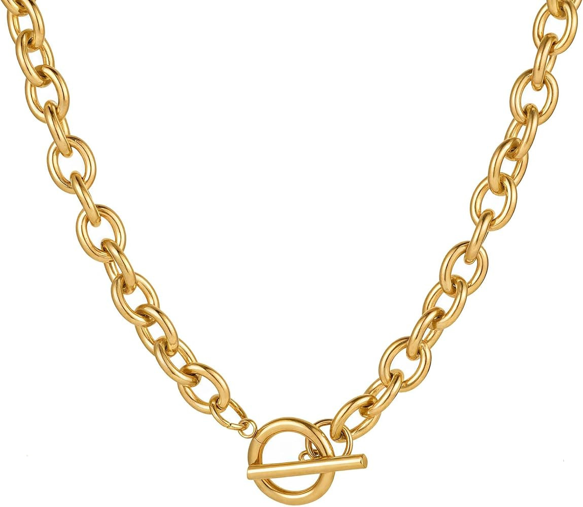 18K Gold Plated Chunky Chain Necklace for Women Thick 8mm Cuban Curb Chain Green CZ Pendant Toggl... | Amazon (US)