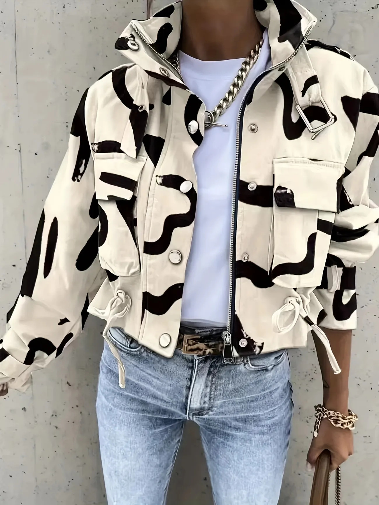 Brush Print Flap Pockets Jacket, Casual Drawstring Zipper Crop Jacket For Spring & Fall, Women's ... | Temu Affiliate Program