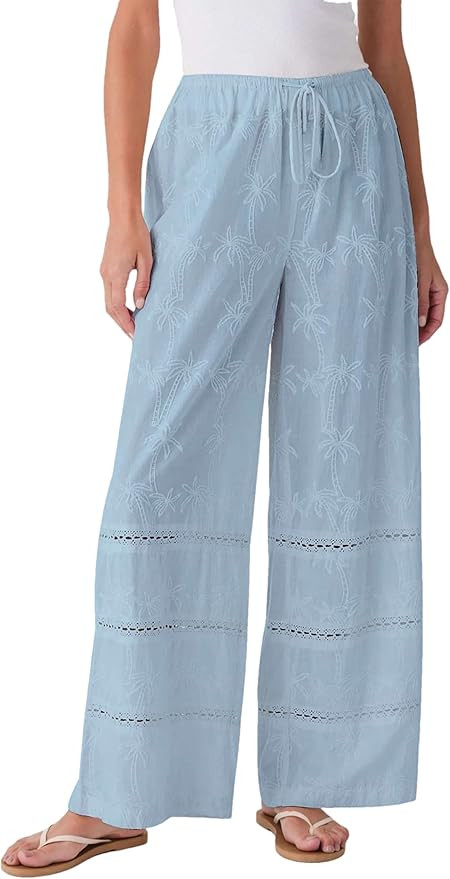 Women's Wide Leg Pants Casual Drawstring Elastic Waist Lace Palazzo Pants with Pockets | Amazon (US)