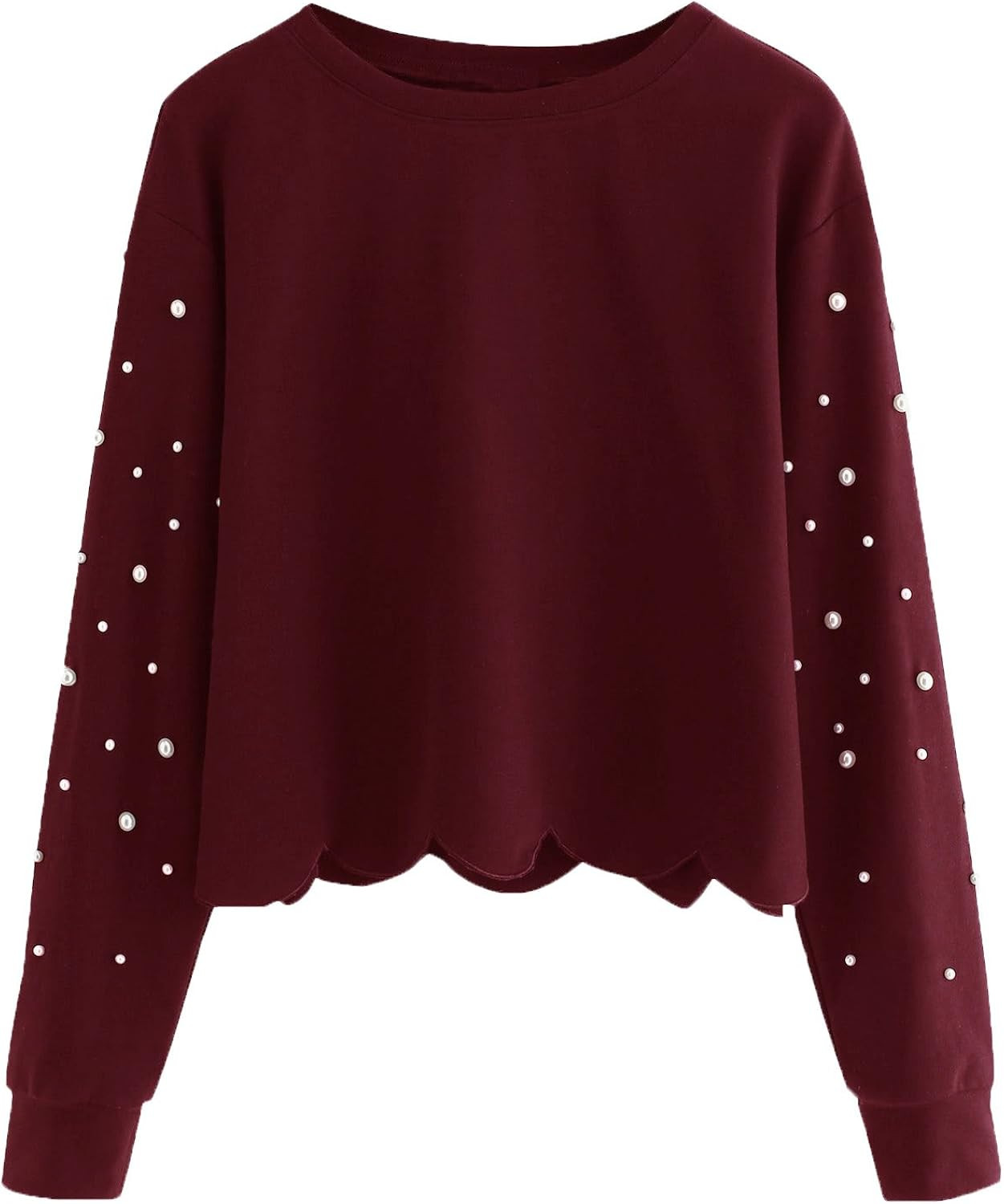 Romwe Women's Casual Long Sleeve Scalloped Hem Crop Tops Sweatshirt | Amazon (US)