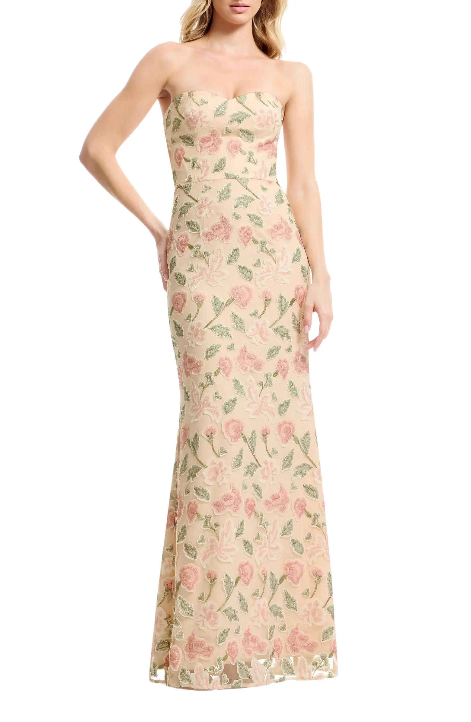 Sheridan Floral Appliqué Strapless Column Dress | Nordstrom