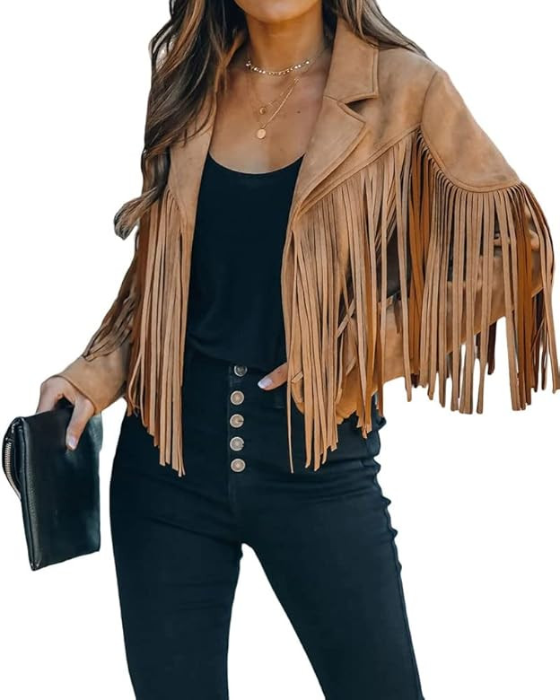 utcoco Women's Faux Suede Leather Fringe Jacket Motorcycle Moto Biker Short Open Front Tassel Coa... | Amazon (US)