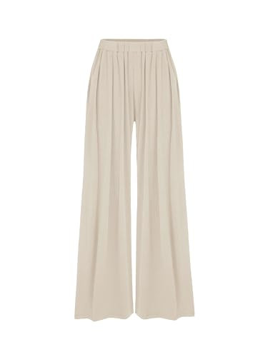 CIDER Wide Leg Palazzo Pants for Women with Pockets Elastic Business Causal Pants Women Summer for Beach Travel Trousers Beige | Amazon (US)