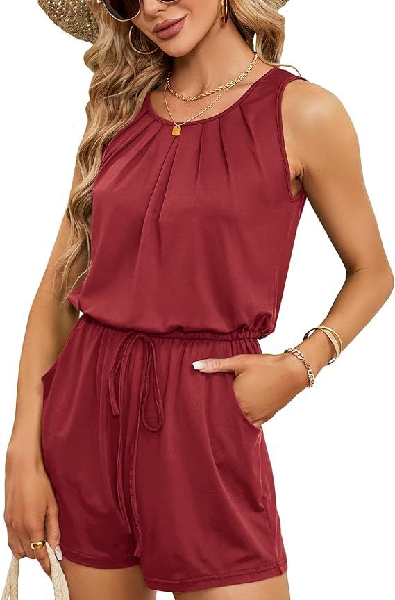 Odosalii Womens Romper Summer Sleeveless Short Rompers Casual Tank Top Jumpsuit with Pockets | Amazon (US)