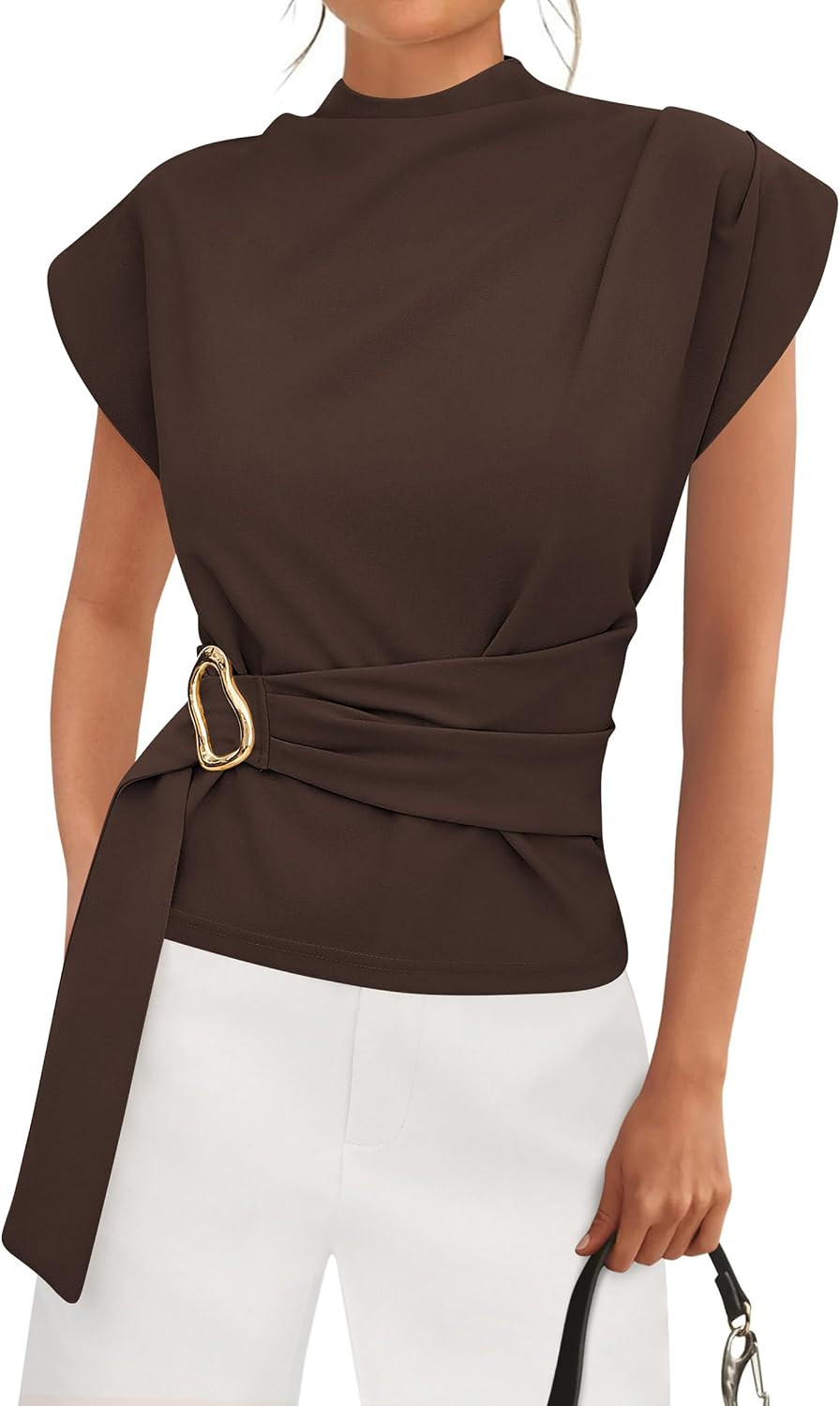 PRETTYGARDEN Women Blouses Summer Business Casual Tops | Fall Dressy Cap Sleeve Mock Neck Work Shirts,Casual Buckle Belted Tunic Top,Spring Back Zipper Formal Office Blouse | Amazon (US)