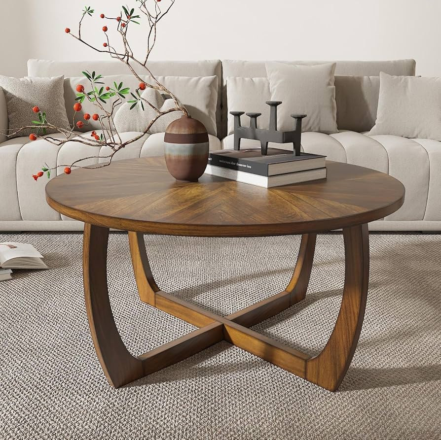 LEEMTORIG Mesa de centro redonda de madera, mesas de centro redondas modernas de nogal de mediado... | Amazon (US)