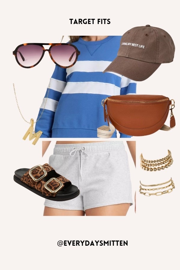 Target blue stripe sweatshirt gray shorts cap hat leopard sandals crossbody 