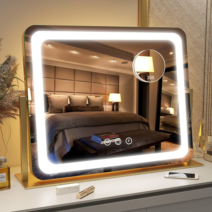 FENNIO Gold Vanity Mirror with Lights 22"x19", LED Lighted Makeup Mirror, Large Makeup Mirror, Ma... | Amazon (US)