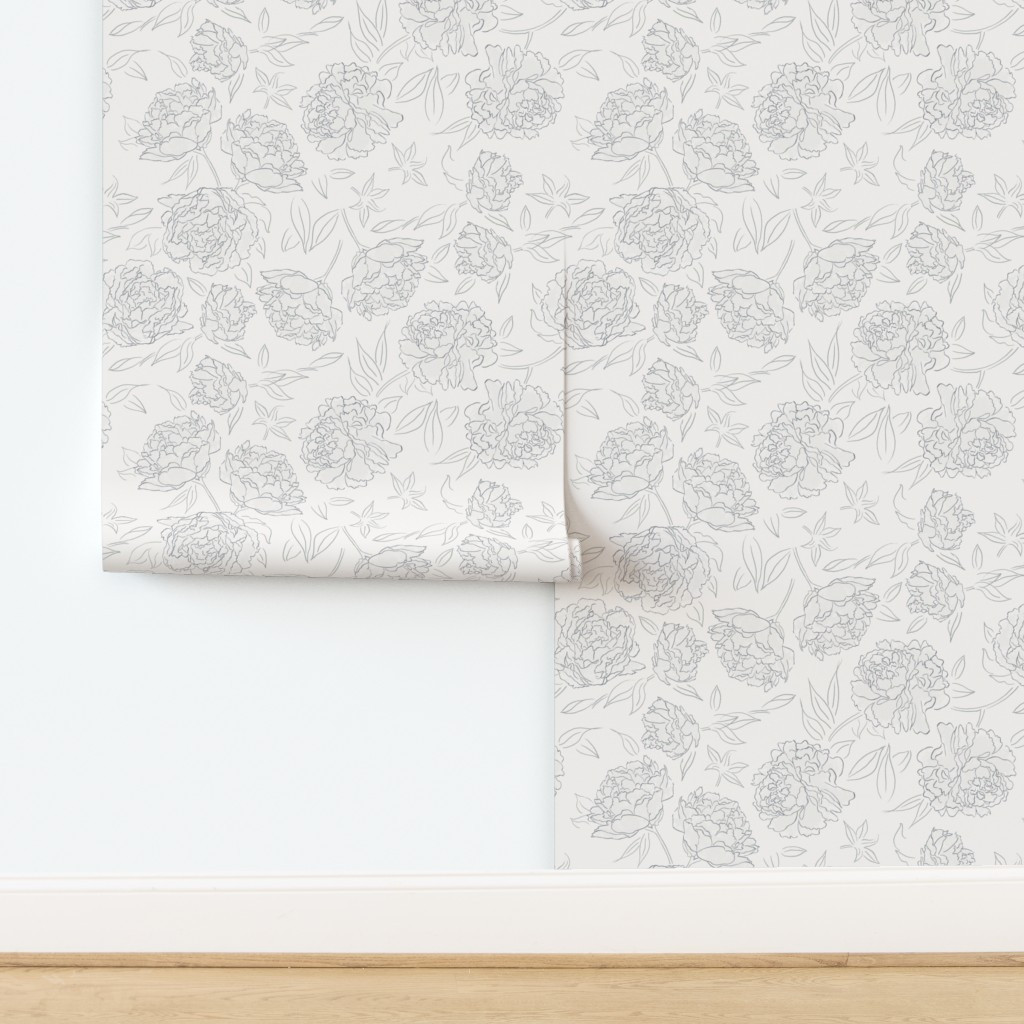 Peony Line Art – Gray & Light Green Lines on Cream White Wallpaper byjchadesign | Spoonflower