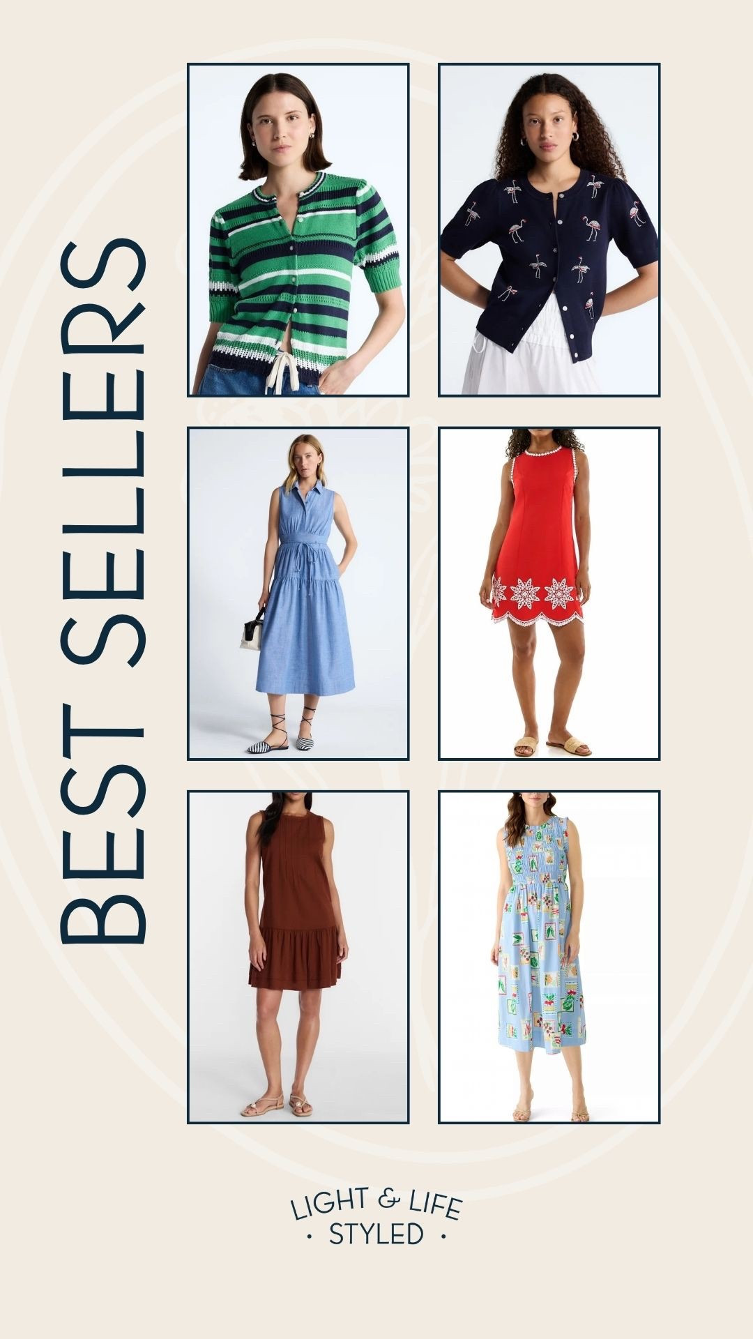 It’s July already and June’s bestsellers were adorable. 
Green striped knit cardigan, navy blue flamingo cardigan, sleeveless brown mini dress, red and white sleeveless shirt dress and chambray midi dress from Walmart and sleeveless light blue coastal dress from Belk.

#LTKSeasonal #LTKSaleAlert #LTKOver40