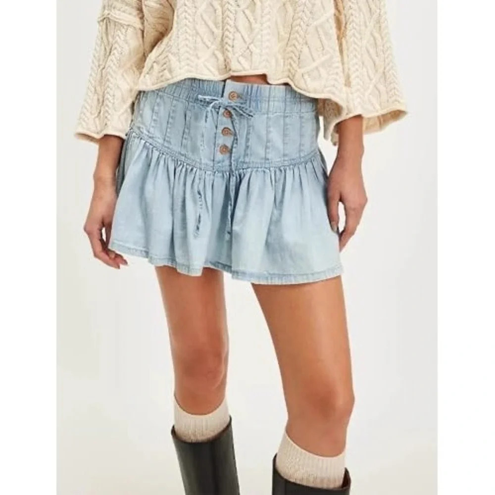 WE THE FREE Roselle Denim Tiered Ruffle Mini Skirt Light Wash Drawstring Waist S | Poshmark