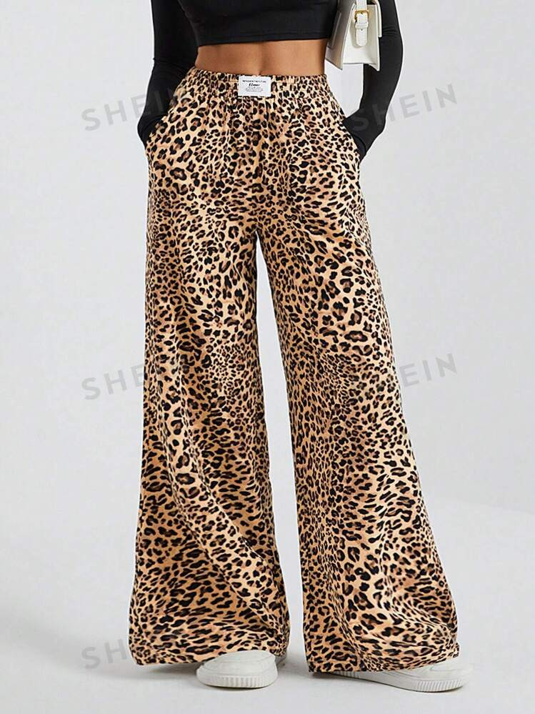 SHEIN Tall Women's Wide-Leg Street Trousers In Leopard Print Woven | SHEIN