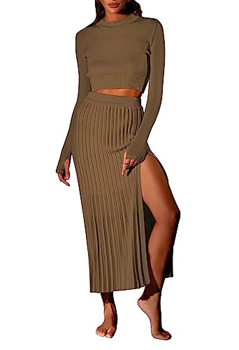 2 Piece Sweater Skirt Set Women Winter Ribbed Knit Long Sleeve Jumper Bodycon Pleated Skirts Sweatsuits Khaki S | Amazon (US)
