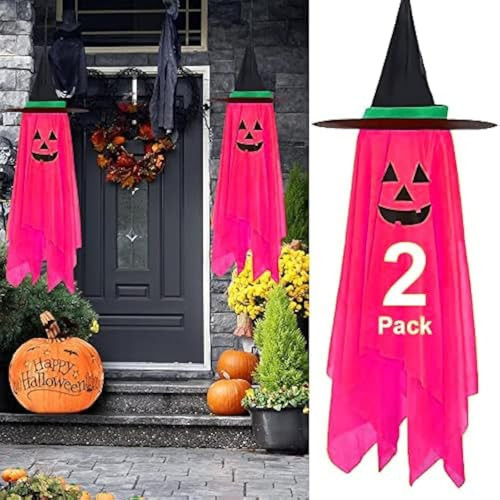 Halloween Decorations, 2 Pack Pink Pumpkin Wizard Hat Pre-Installed Pumpkin Ghost Ghosts Witch Hanging Ornaments Decor | Amazon (US)