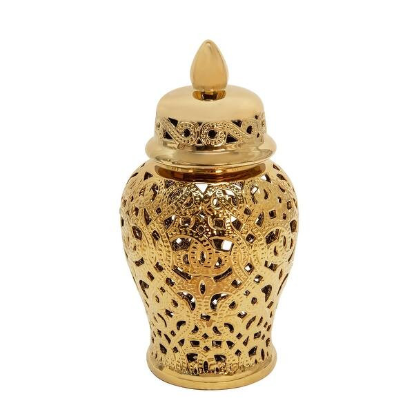 18" Shiny Gold Ceramic Cut Out Temple Jar with Holes - Gold | Bed Bath & Beyond