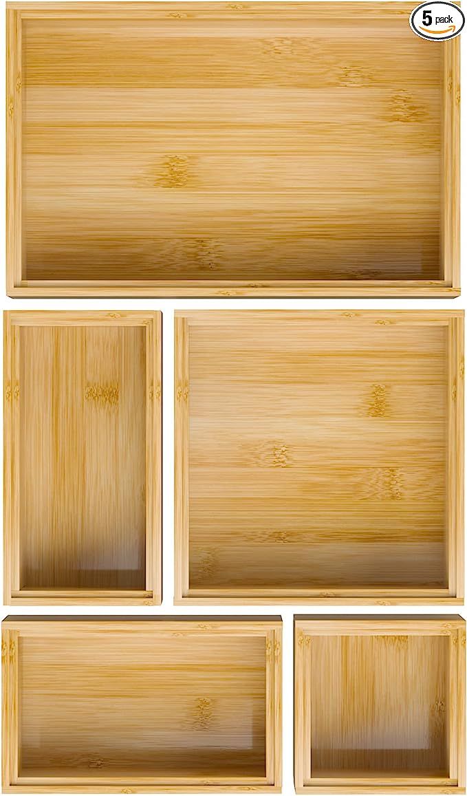 Bamboo Bathroom Drawer Organizer Dividers, Wooden Kitchen Utensil Holder Set of 5, Stackable Junk... | Amazon (US)