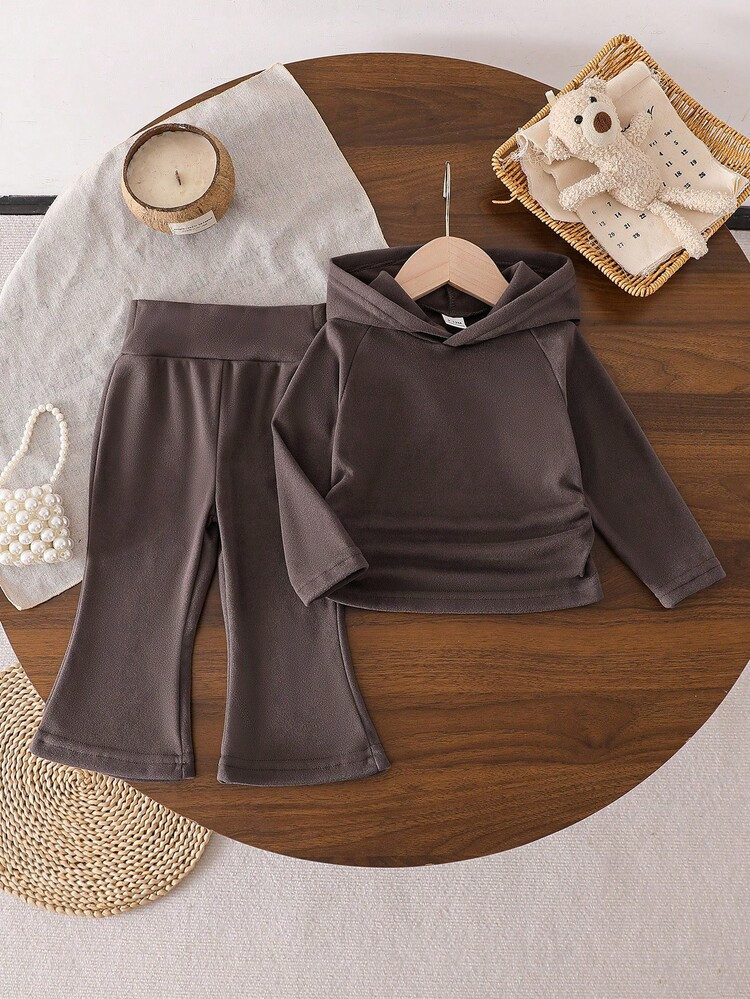 SHEIN Baby Girls' Fashion Hooded Long Sleeve Sweatshirt And Flared Pants Set Brown Toddler Outfit... | SHEIN