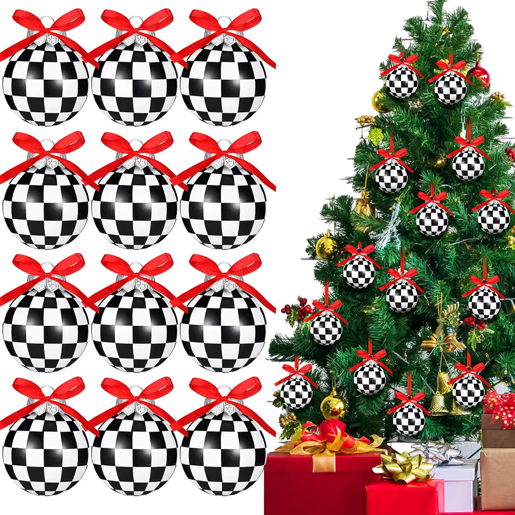 Chuangdi 12 Pcs Christmas Ball Ornaments for Tree Decorations Modern Striped Swirl Polka Dots Hanging Ball 2.36'' Plastic Balls for Holiday Decor (Checkered) | Amazon (US)