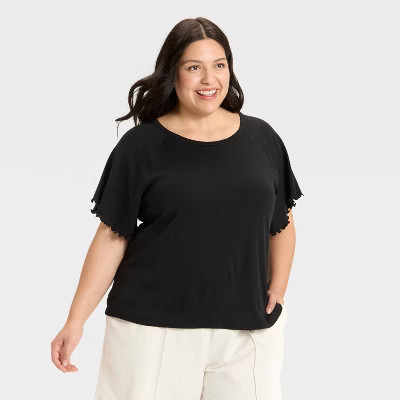 Women's Flutter Short Sleeve Knit T-Shirt - Ava & Viv™ Black XXL | Target