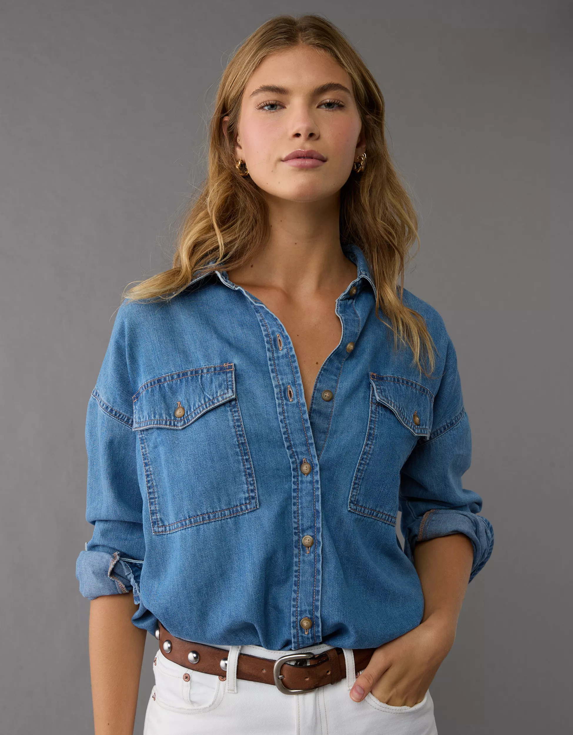 AE Dreamy Drape Denim Perfect Button-Up Shirt | American Eagle Outfitters (US & CA)