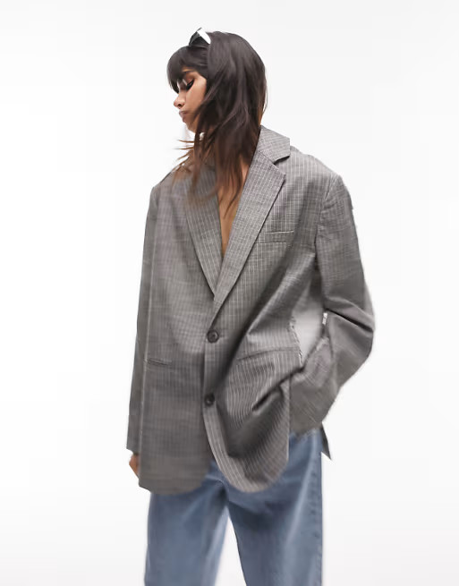 Topshop deconstructed raw hem pinstripe blazer in light and dark charcoal - part of a set | ASOS (Global)