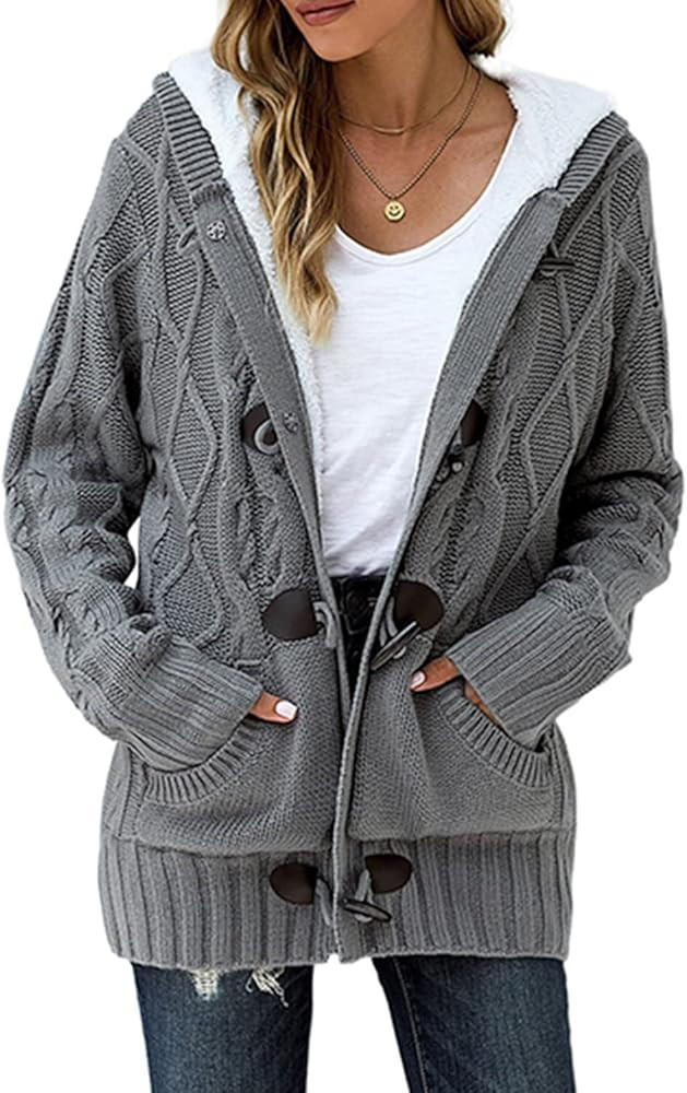 Dokotoo Womens 2023 Winter Hooded Cardigans Button Up Cable Knit Sweater Coat Outerwear with Pock... | Amazon (US)