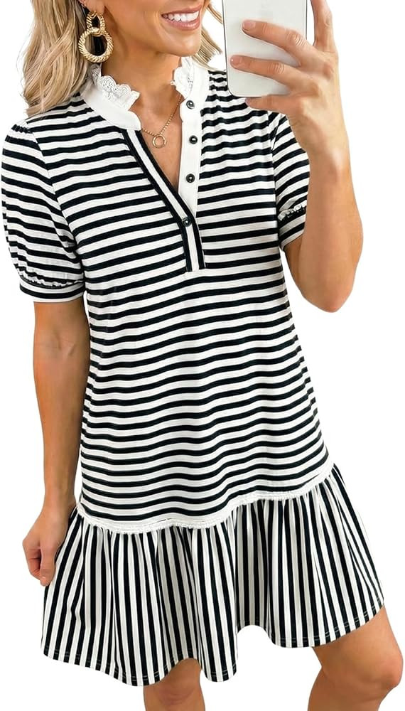 Dokotoo Women's Casual Stand Collar Tiered Babydoll Dress Short Sleeve Tunic Shift Dress with Poc... | Amazon (US)