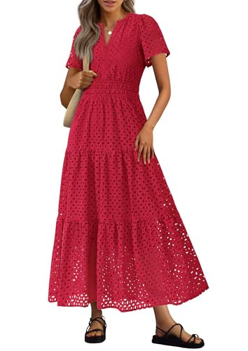 PRETTYGARDEN Womens 2026 Summer Maxi Dress Short Sleeve V Neck Hollow Out Eyelet A Line Long Flow... | Amazon (US)