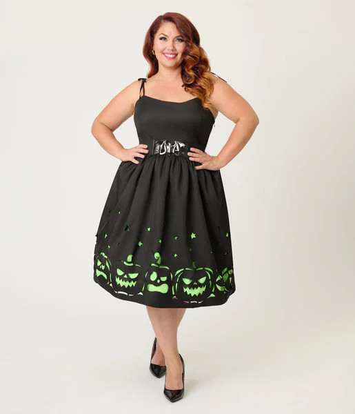 Unique Vintage Plus Size Black & Green Jack-O-Lantern Cutout Swing Dress | UniqueVintage