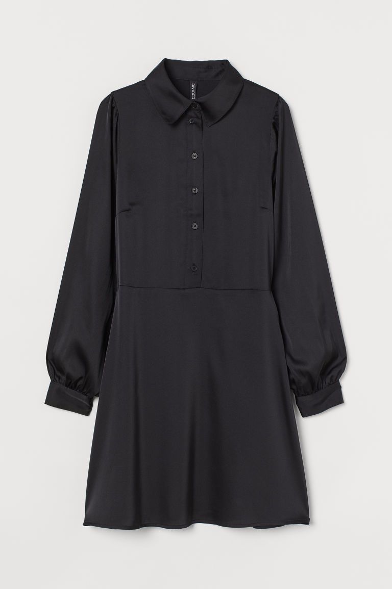 H & M - Puff-sleeved Shirt Dress - Black | H&M (US)