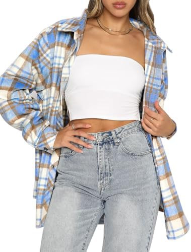 Women's Casual Flannel Plaid Shacket Button Down Long Sleeve Shirt Jacket Coats with Pockets | Amazon (US)