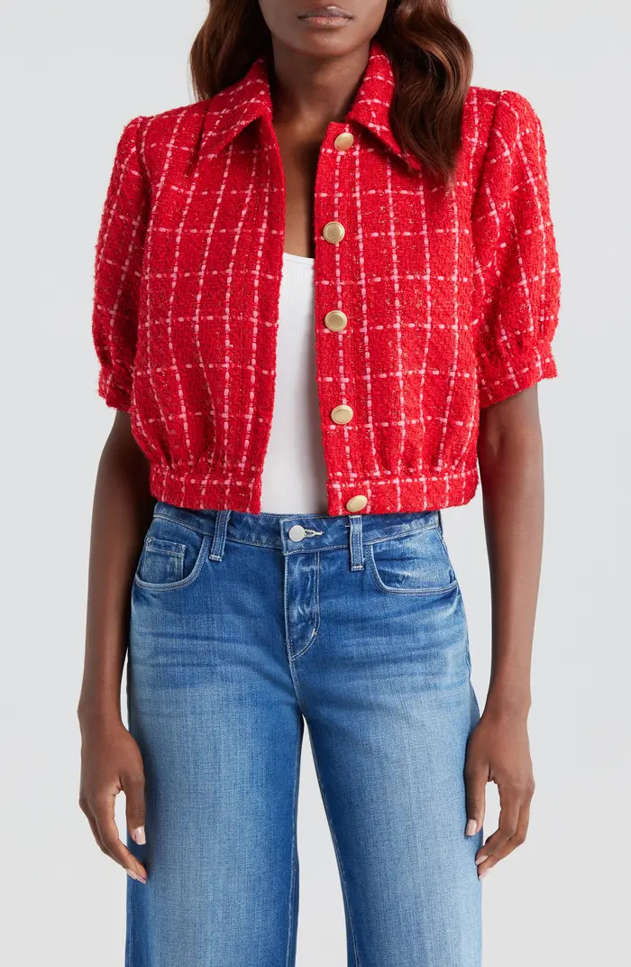 L'AGENCE Cove Plaid Short Sleeve Crop Tweed Jacket | Nordstrom | Nordstrom