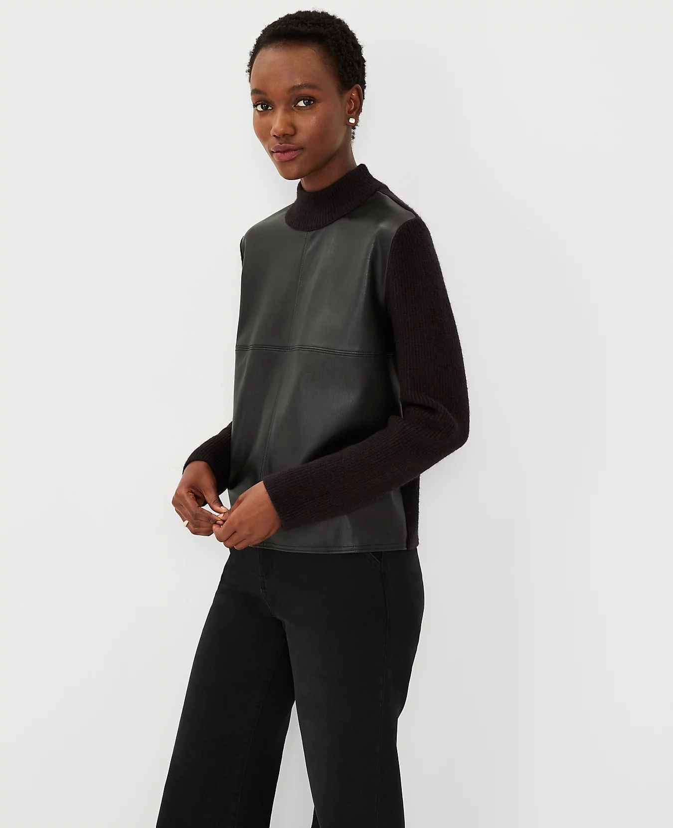 Faux Leather Mixed Media Sweater | Ann Taylor (US)