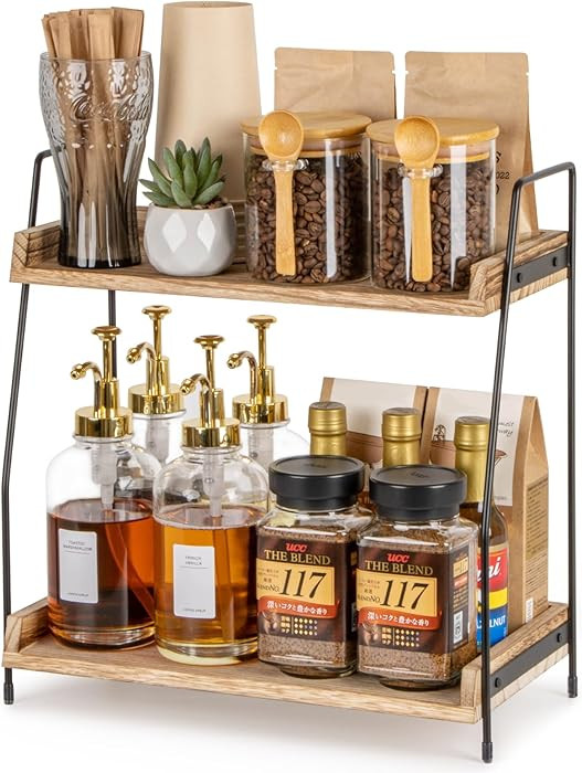Coffee Bar Accessories Organizer, 2 Tier Wooden Shelf for Countertop Coffee Station, Condiment St... | Amazon (US)