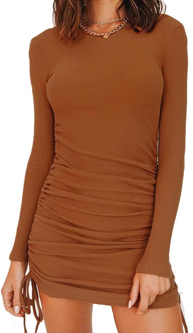 Varonall Women's Sexy Dresses Ruched Long Sleeve Drawstring Mini Bodycon Dress Stretchy Mini Dres... | Amazon (US)