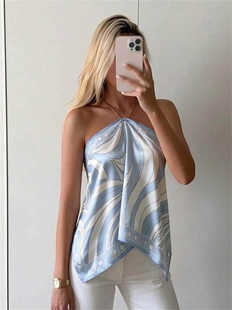 Aloruh Women's Elegant Tie-Dye Chiffon Printed Halter Neck Beach Vacation Top,Summer Top | SHEIN