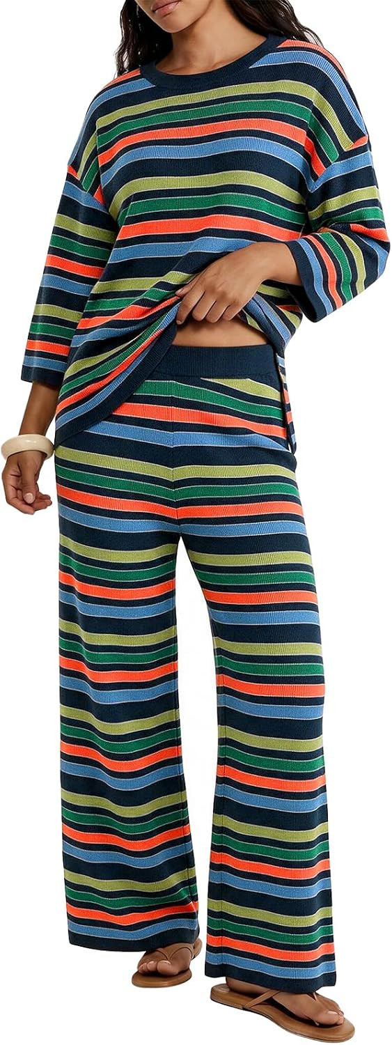 Tankaneo Womens Striped 2 Piece Sets Oversized Sweater and Wide Leg Pants | Amazon (US)