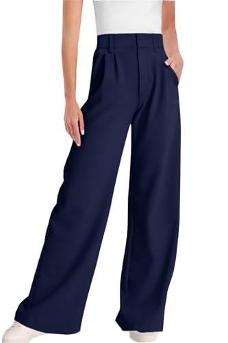 ELLEVEN Wide Leg Dress Pants Womens Work Pants High Waisted Business Office Palazzo Suit Pants Loose Casual Trousers Slacks with Pockets Navy Blue Large | Amazon (US)