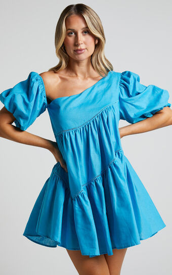 Harleen Mini Dress - Asymmetrical Trim Puff Sleeve Dress in Blue | Showpo (US, UK & Europe)