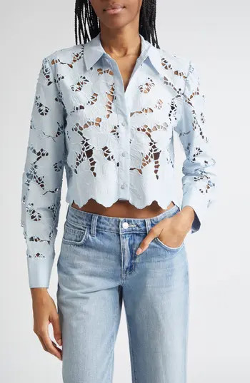 L'AGENCE Seychelle Cutwork Crop Shirt in Blue Fog at Nordstrom Rack, Size X-Large | Nordstrom Rack