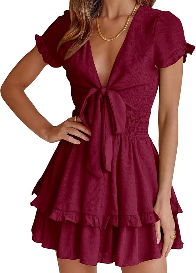 PRETTYGARDEN Women Summer Short Dress 2026 Casual V Neck Short Sleeve Tiered Bow Mini Sun Dresses... | Amazon (US)
