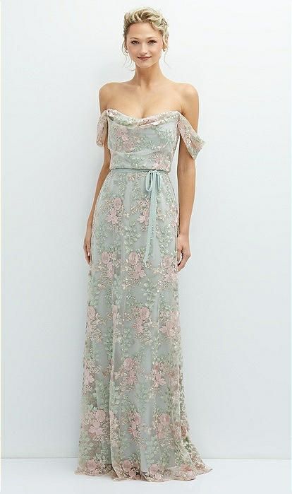 Off-the-Shoulder A-line Floral Embroidered Dress with Skinny Tie Sash in Willow Green | The Dessy Group
