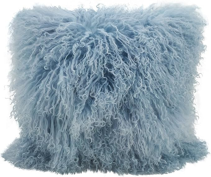 SARO LIFESTYLE 100% Wool Mongolian Lamb Fur Throw Pillow with Poly Filling, 16", Ice Blue | Amazon (US)